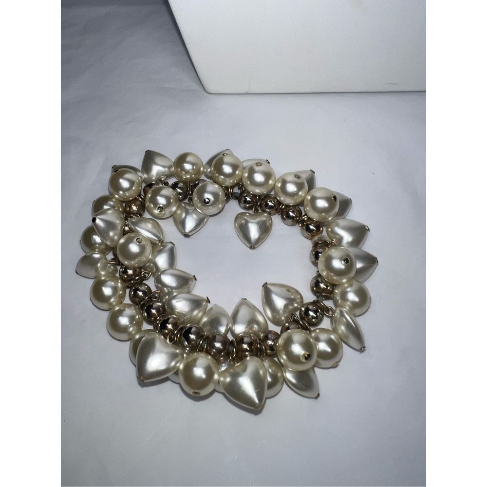 Vintage Faux Pearl Beads and Hearts‎ Roll On Bracelet